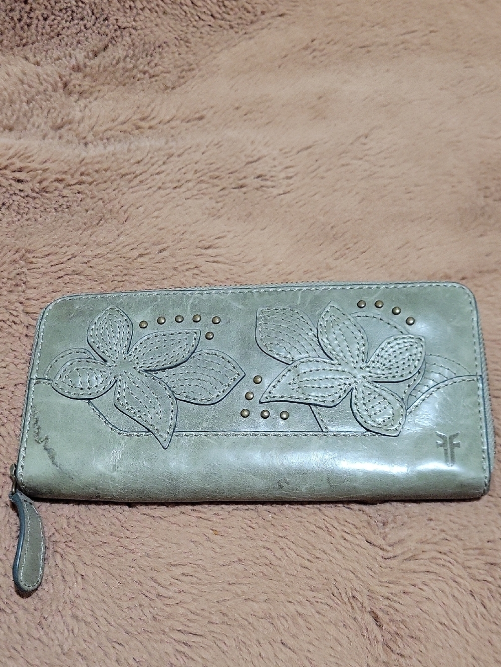 Frye Melissa Studded Floral Zip Wallet Wild Sage